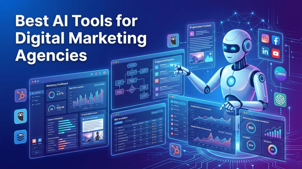 Best AI tools for digital marketing agencies showing AI marketing dashboard, automation workflow, and social media analytics tools.