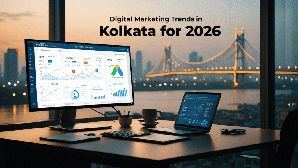 AI powered digital marketing analytics dashboard showing SEO and Google Ads trends in Kolkata for 2026